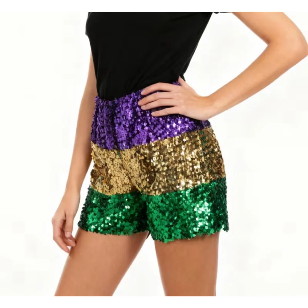 Sequin High Waist Shorts - Purple, Gold, Green - Picture 2 of 5